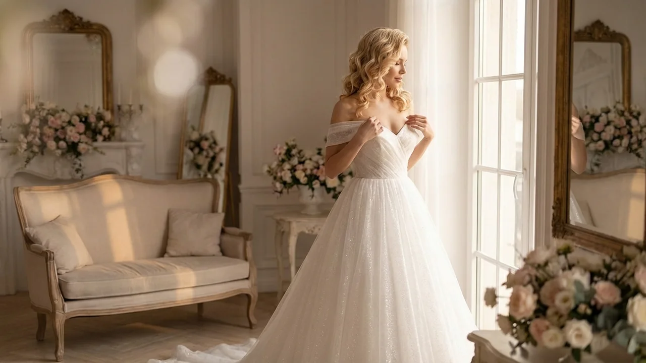 Off The Shoulder Tulle Ball Gown Wedding Dress - 5