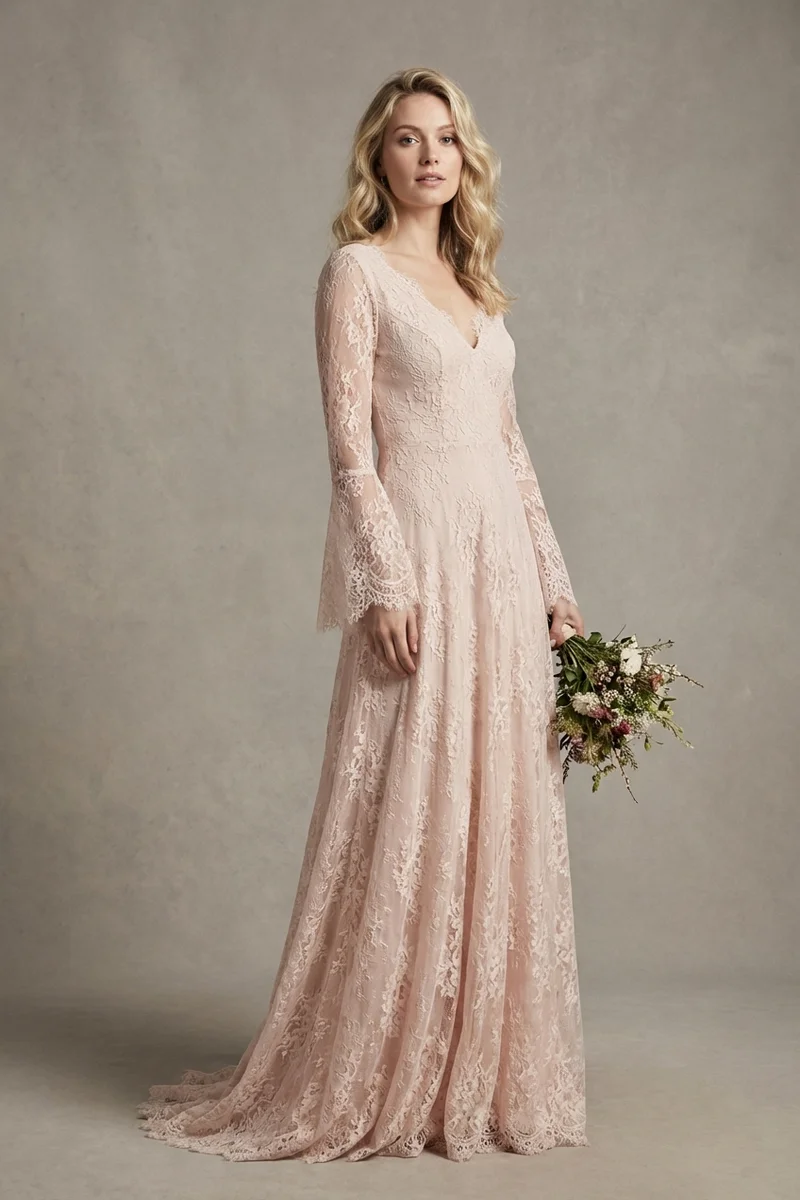 Pink Lace Boho Wedding Dress with Bell Sleeves - 1