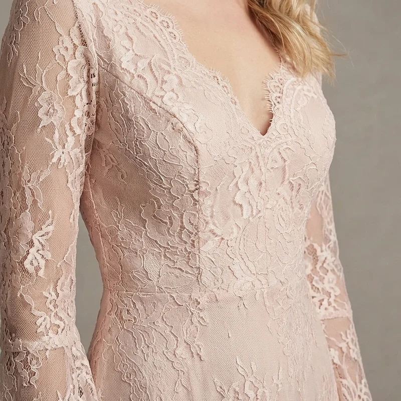 Pink Lace Boho Wedding Dress with Bell Sleeves - 3