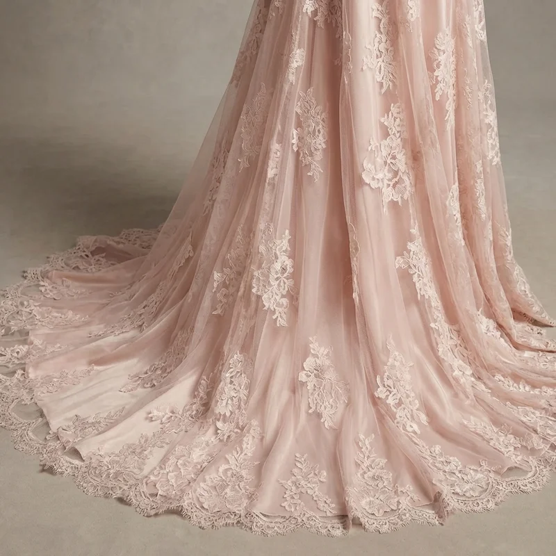 Pink Lace Boho Wedding Dress with Bell Sleeves - 4