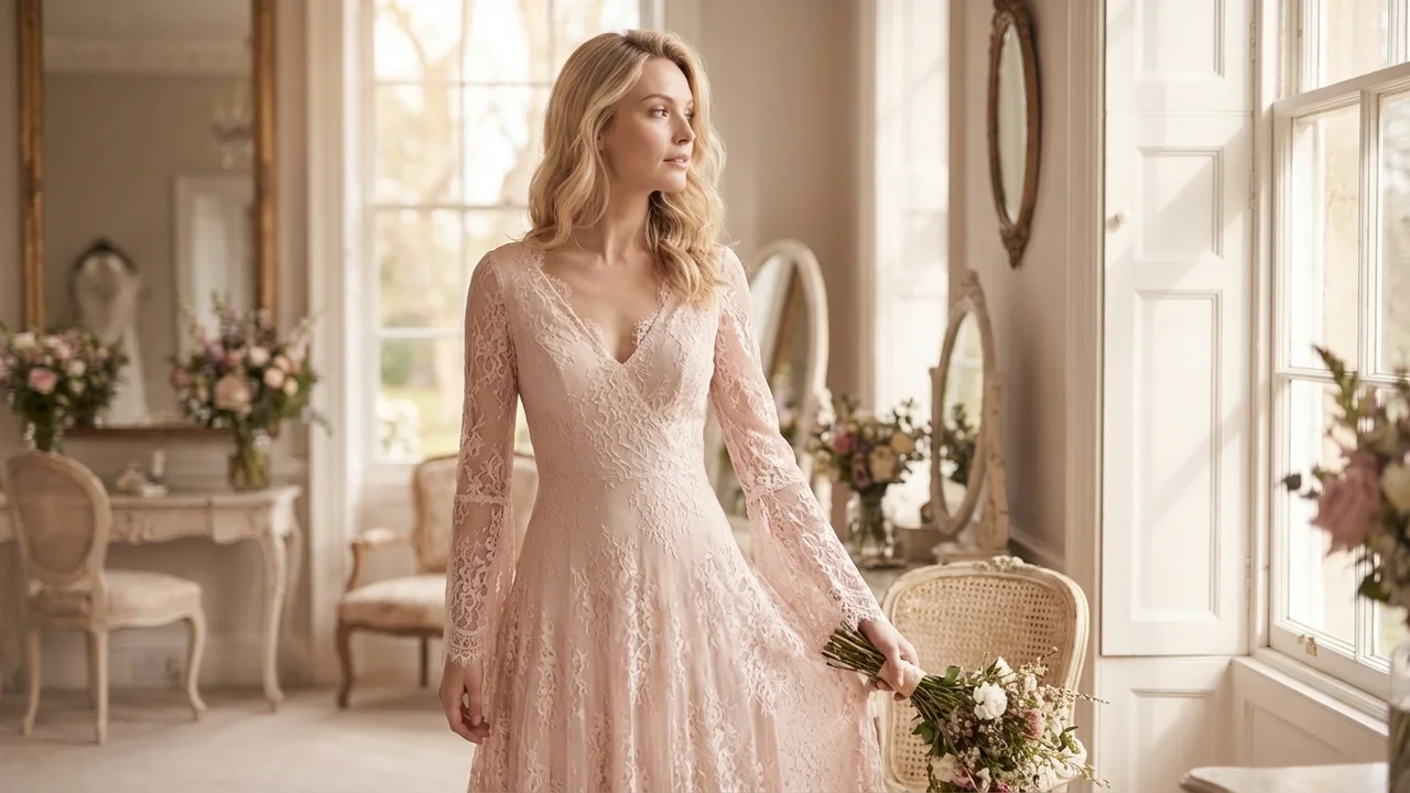 Pink Lace Boho Wedding Dress with Bell Sleeves - 5