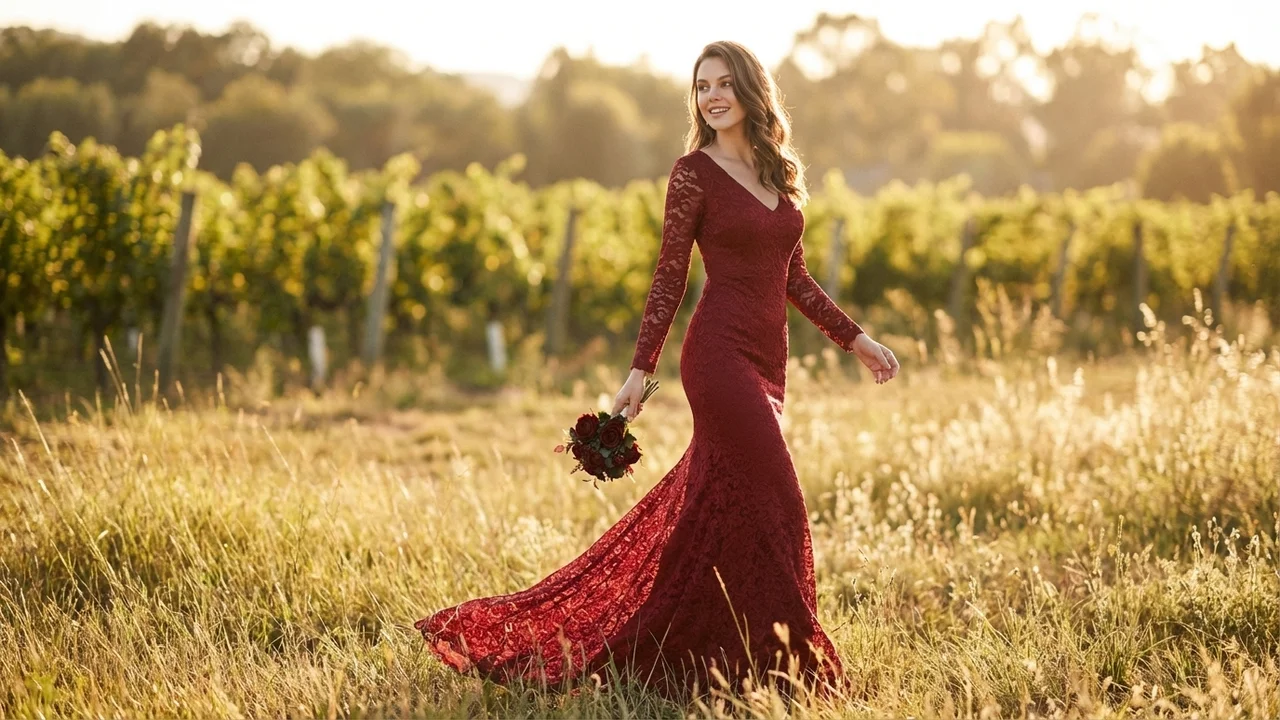 Red Lace Mermaid Wedding Dress - 6