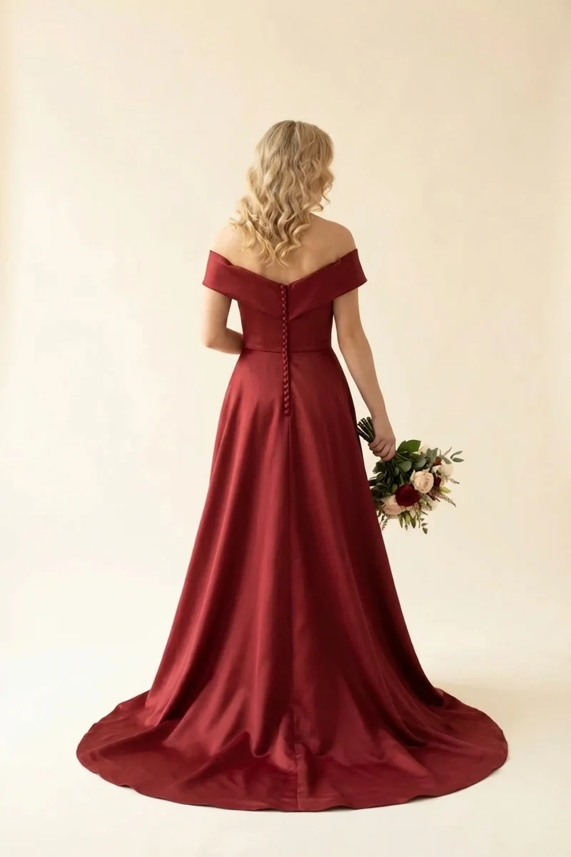 Red Satin A-Line Wedding Dress with Off-Shoulder Sleeves - 2