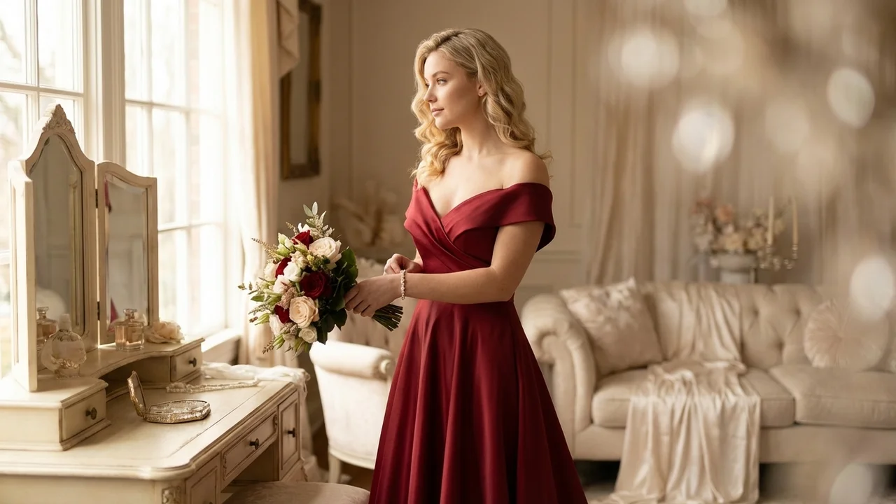 Red Satin A-Line Wedding Dress with Off-Shoulder Sleeves - 5