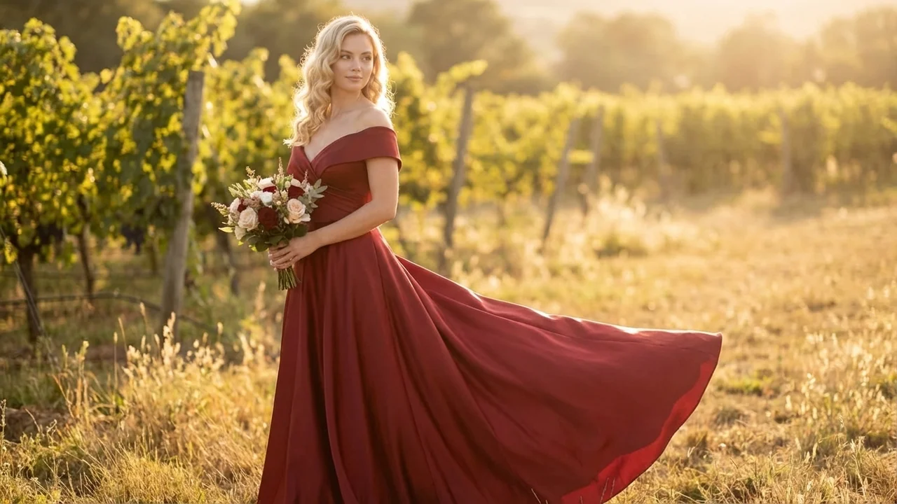 Red Satin A-Line Wedding Dress with Off-Shoulder Sleeves - 6