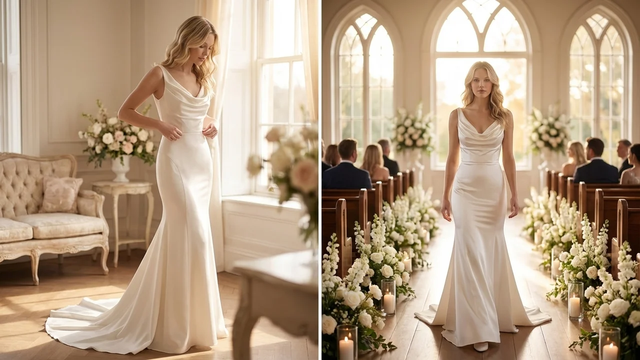 Cowl Neck Satin Wedding Dress - 5