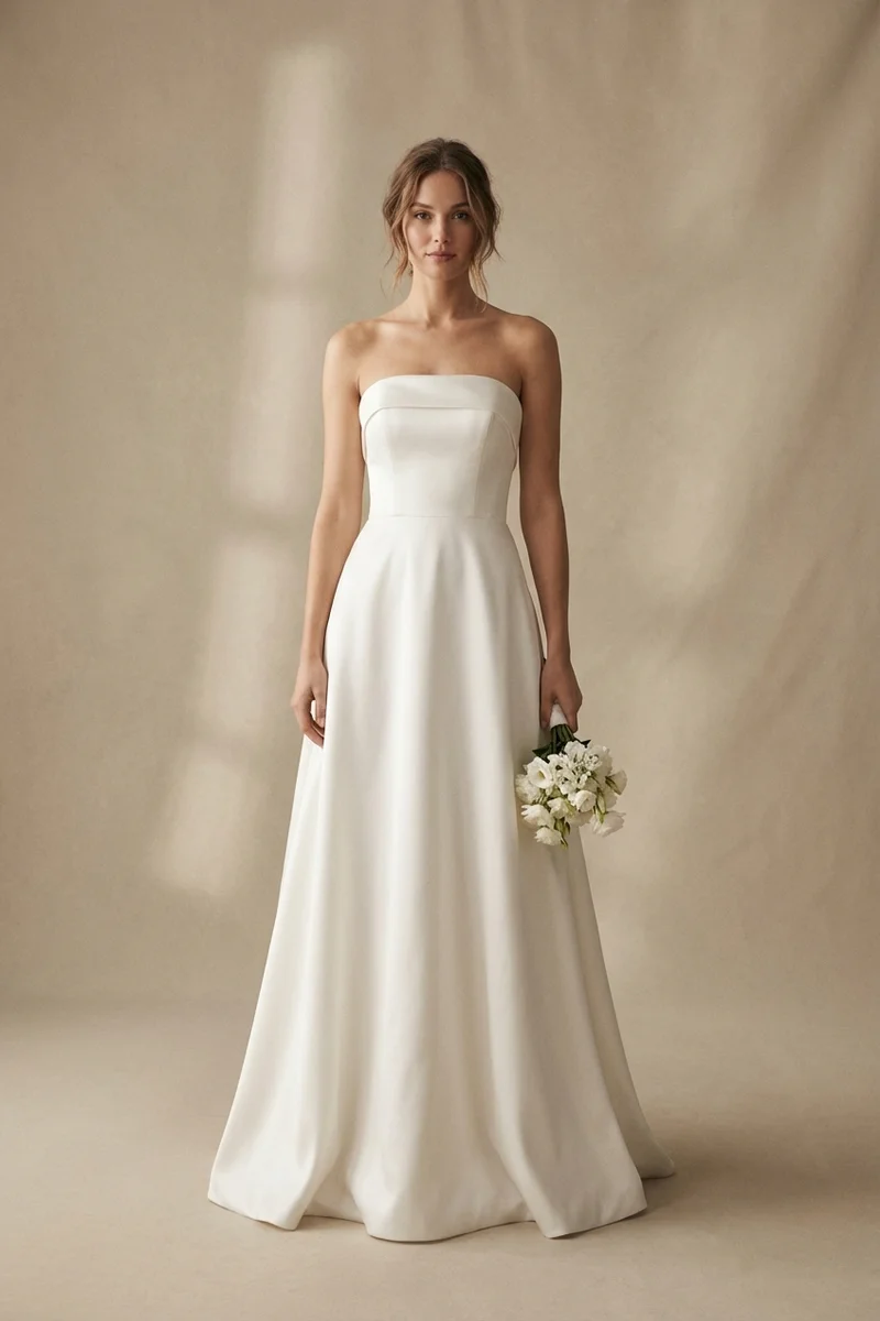 Strapless Minimalist Satin Bridal Gown - 1