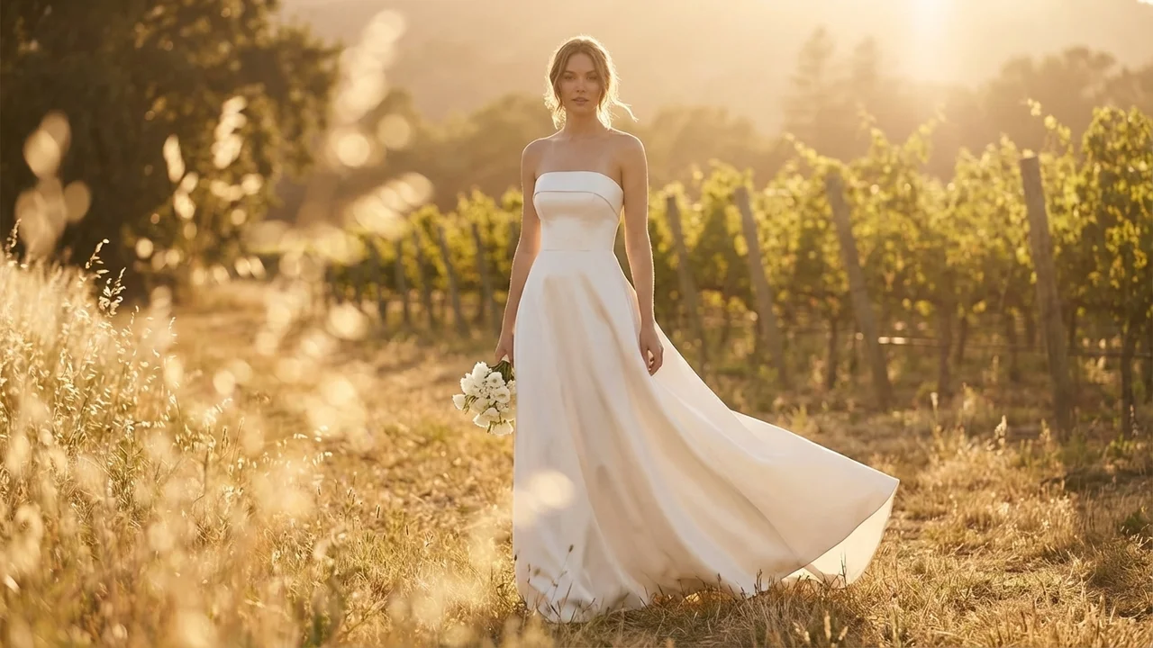 Strapless Minimalist Satin Bridal Gown - 6