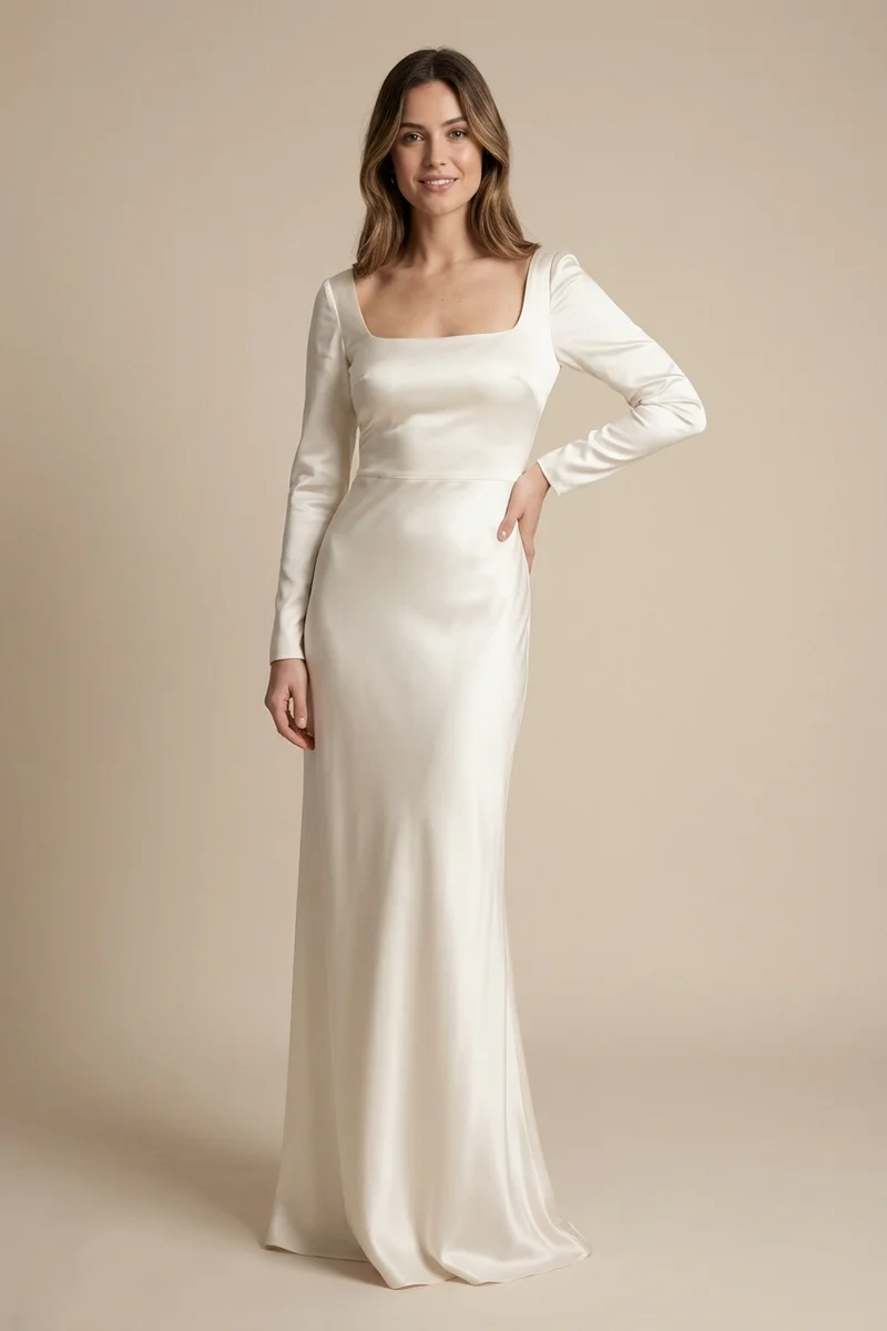 Long Sleeve Satin Wedding Dress - 1