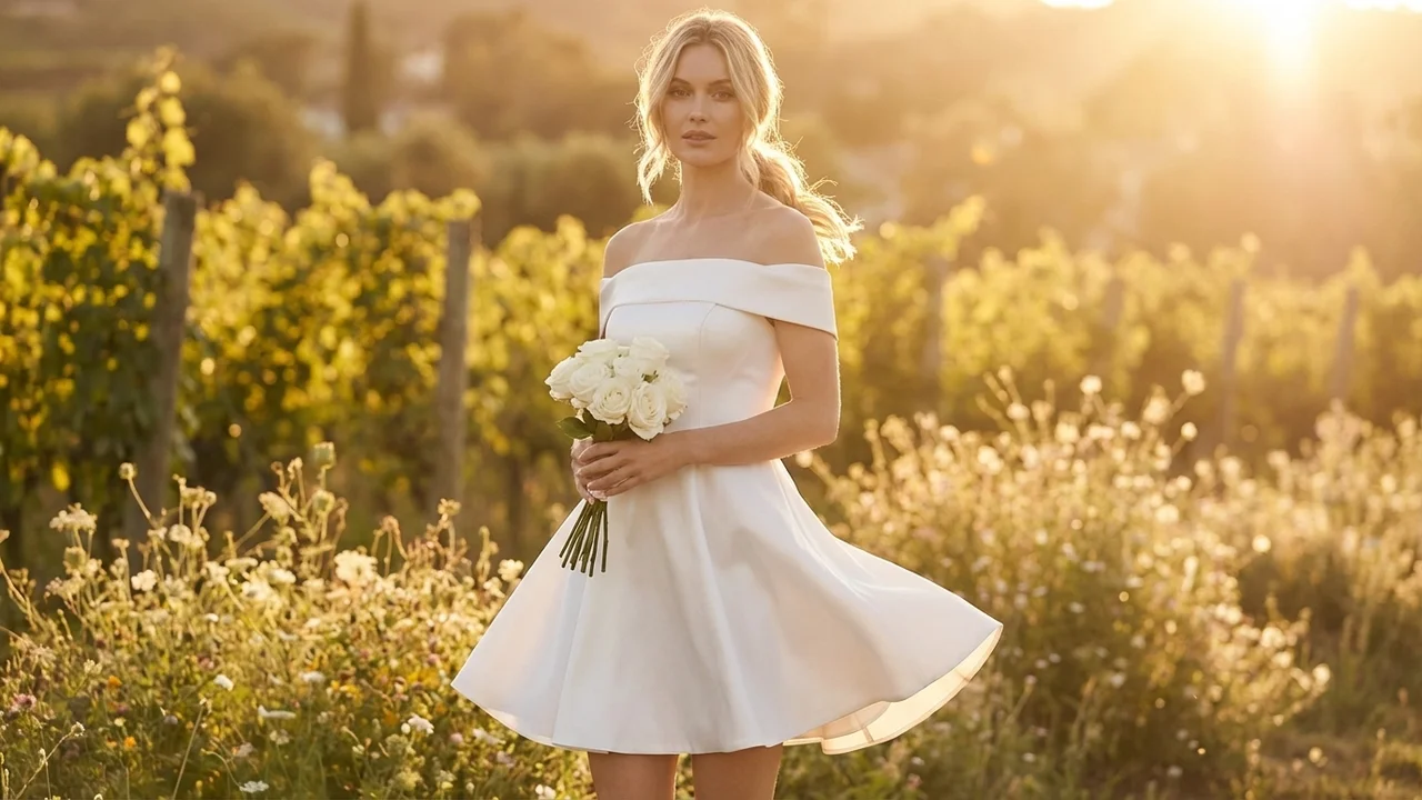 Eloise Short Satin Off-Shoulder Wedding Dress - 6