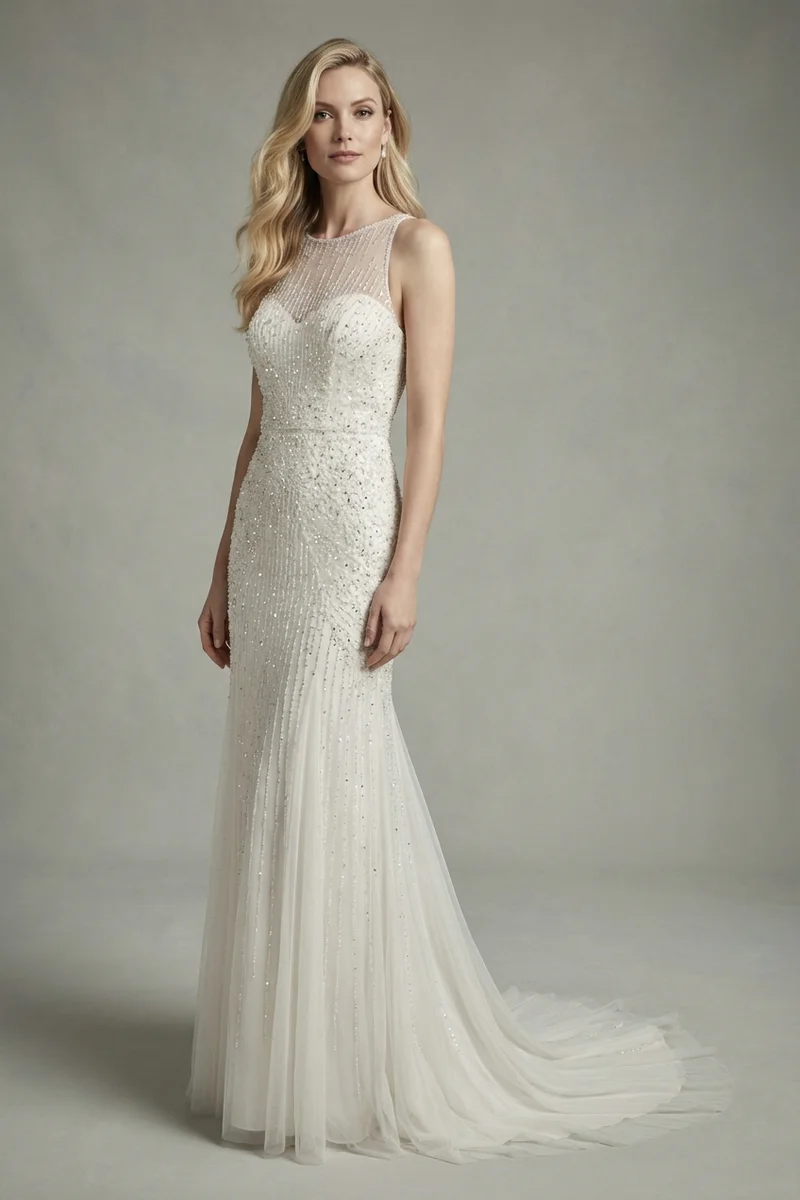 Noelle Beaded Sparkle Sheath Wedding Dress - 1