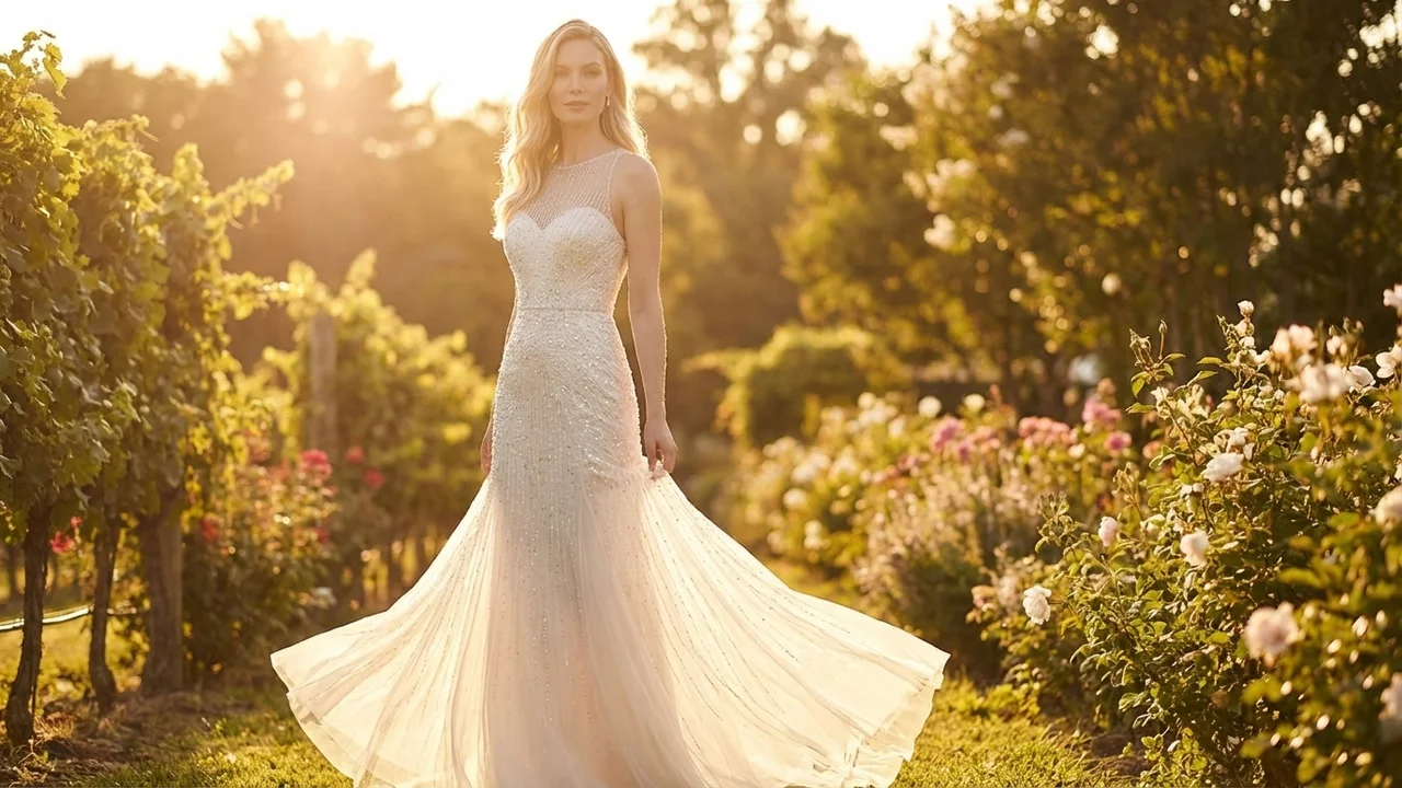 Noelle Beaded Sparkle Sheath Wedding Dress - 6