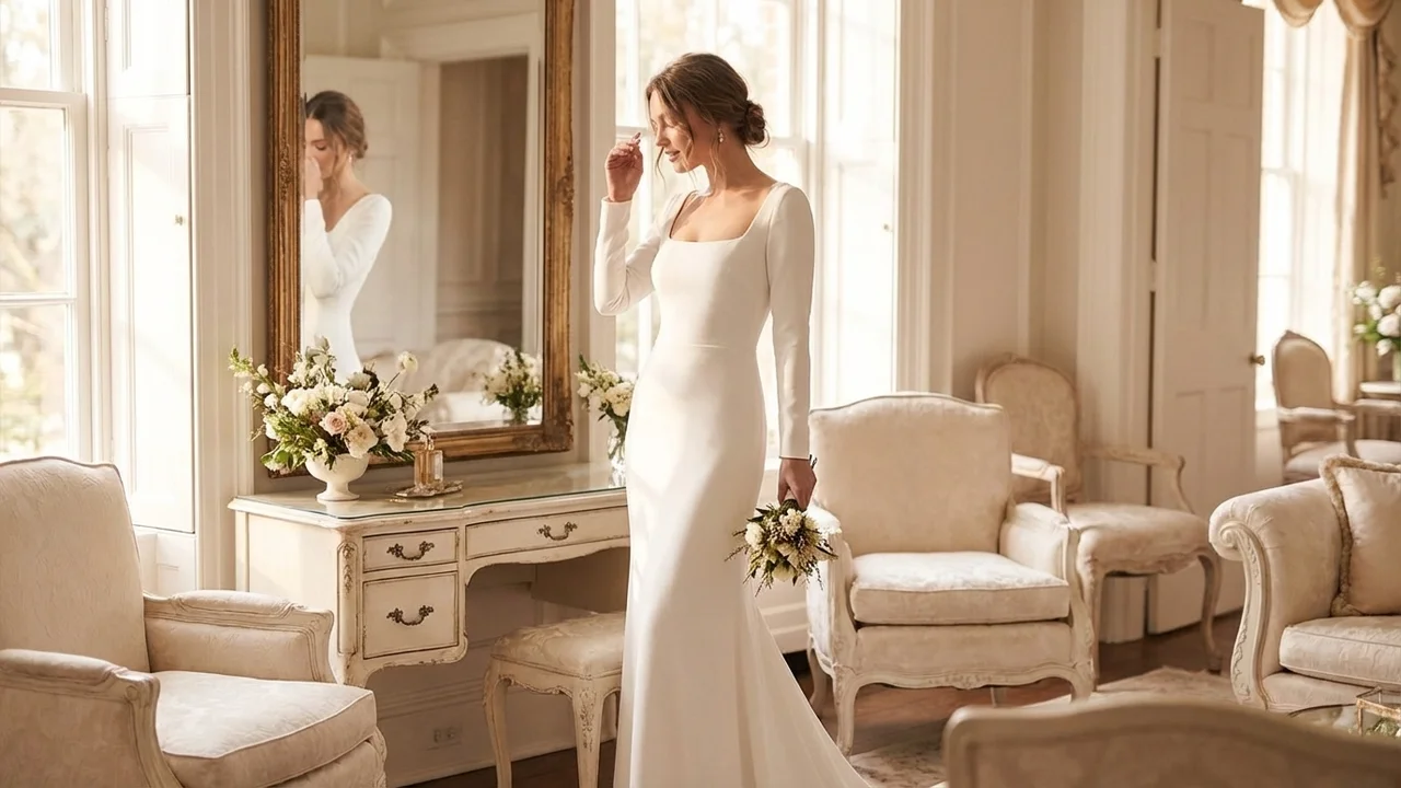 Aurora Square Neck Fitted Crepe Wedding Dress - 5