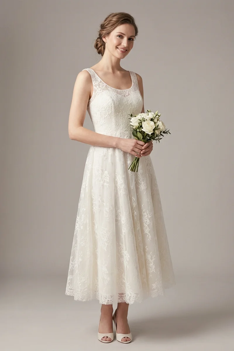 Rosalie Lace Tea Length Wedding Dress - 1