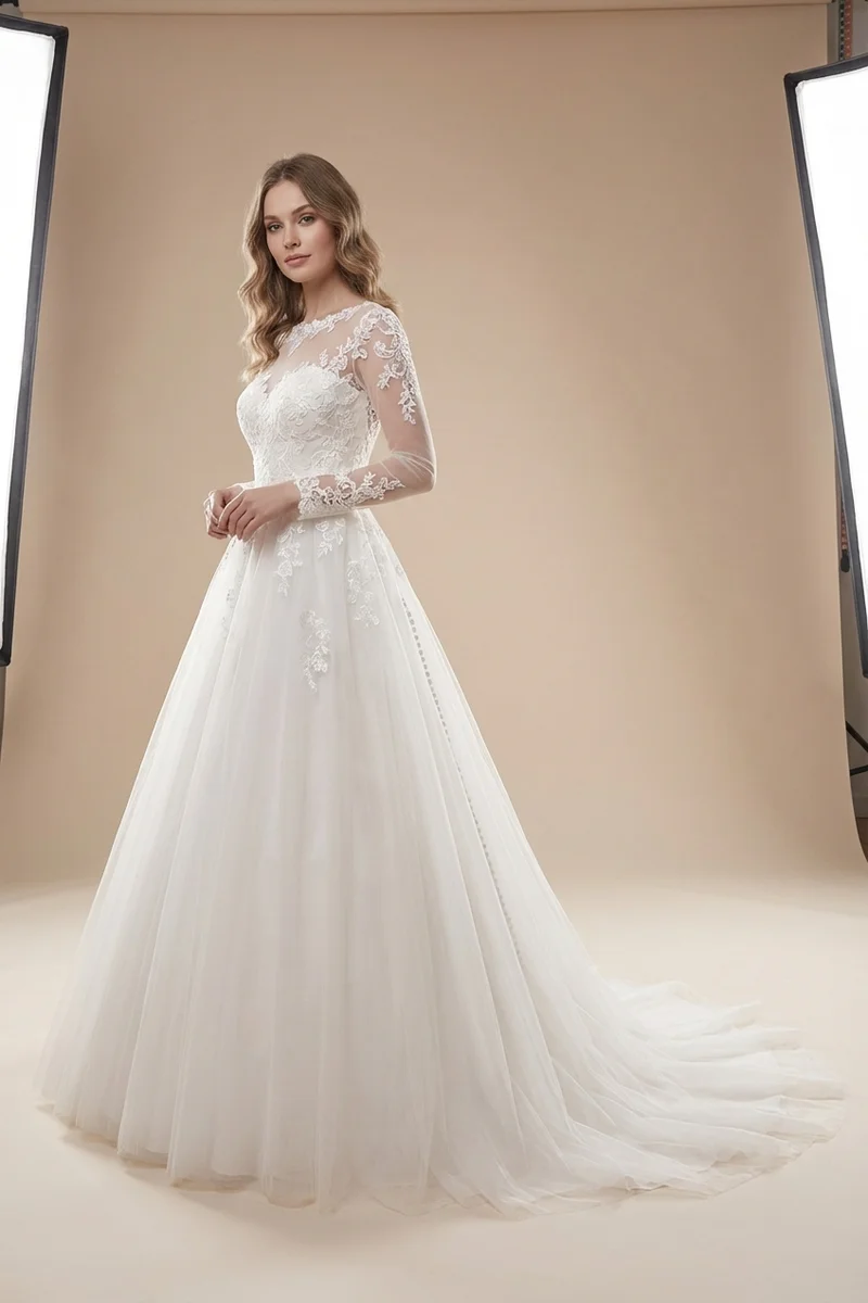 Cordelia Tulle Long Sleeve Winter Wedding Dress - 1