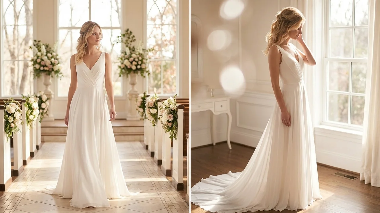 Chiffon V-Neck Wedding Dress Under $200 - 5
