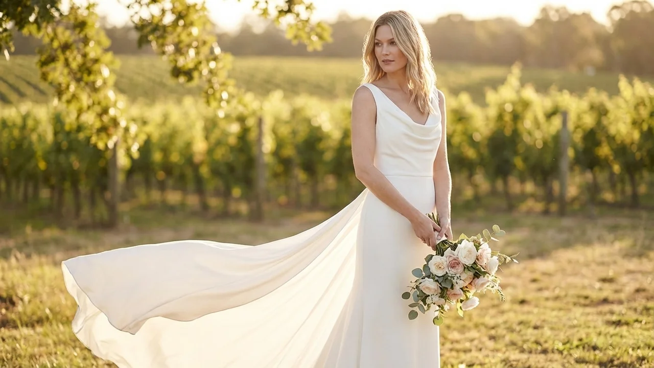 Adrienne Crepe Modern Wedding Dress Under $500 - 6