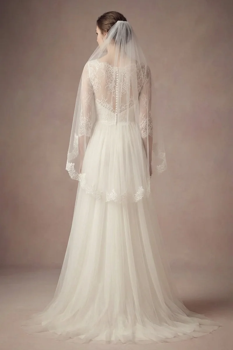 Fingertip Length Lace Trim Wedding Veil - 2