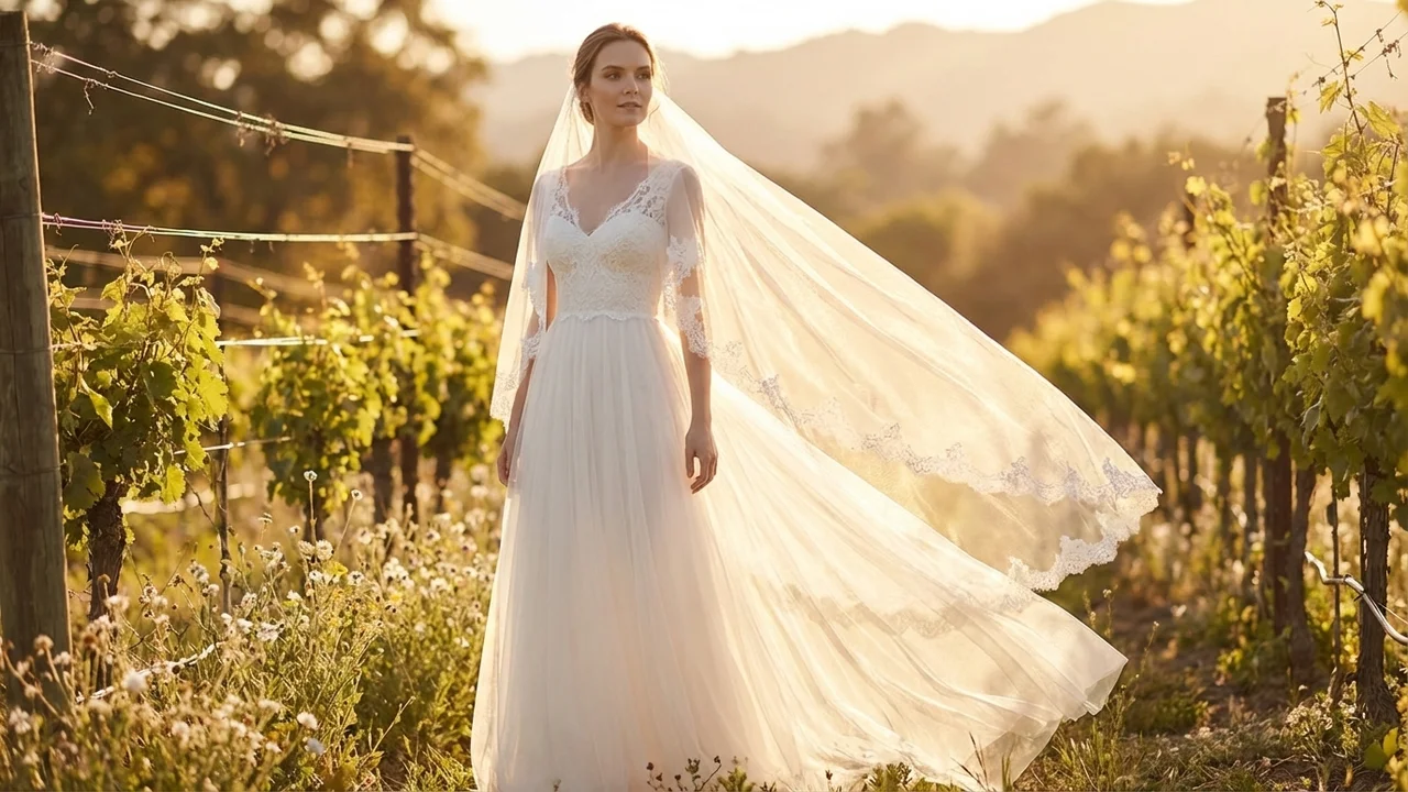 Fingertip Length Lace Trim Wedding Veil - 6