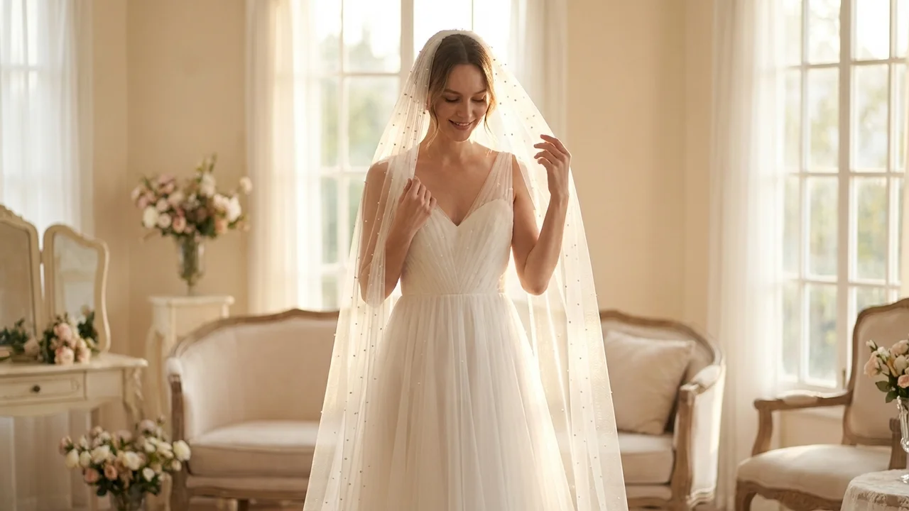 Pearl Beaded Chapel Length Wedding Veil - 5