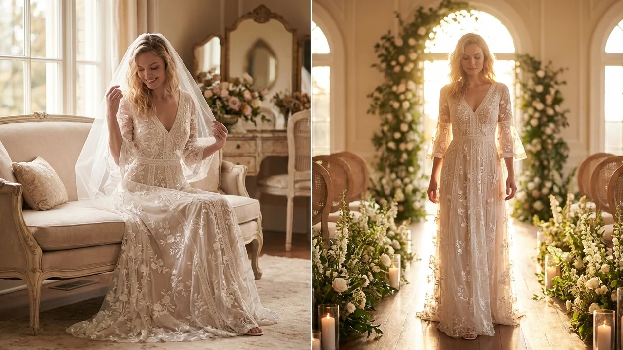 Florence Vintage Embroidered Boho Wedding Dress - 5