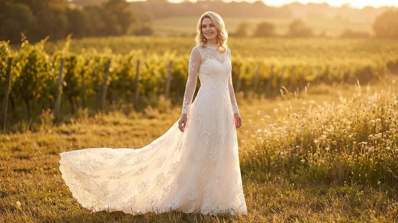 Marguerite Vintage Lace Long Sleeve Wedding Dress - 6