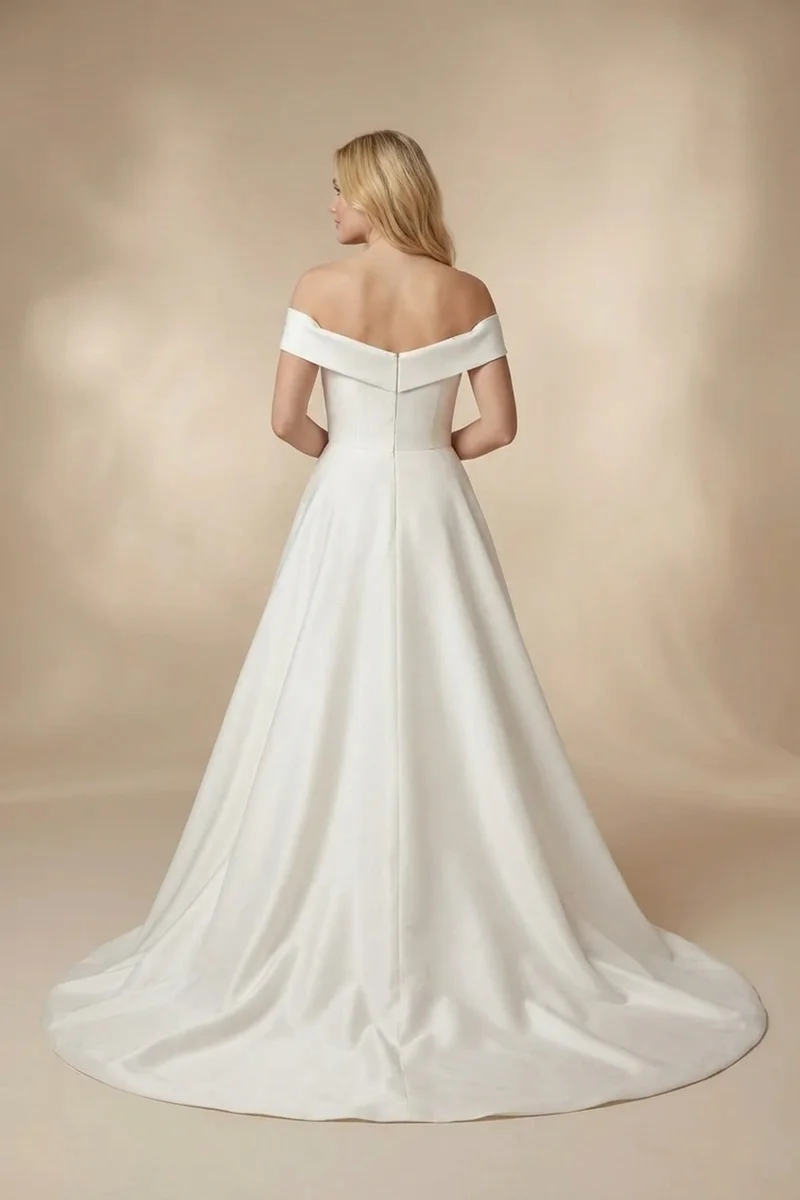 Classic Satin Off-Shoulder A-Line Wedding Dress - 2