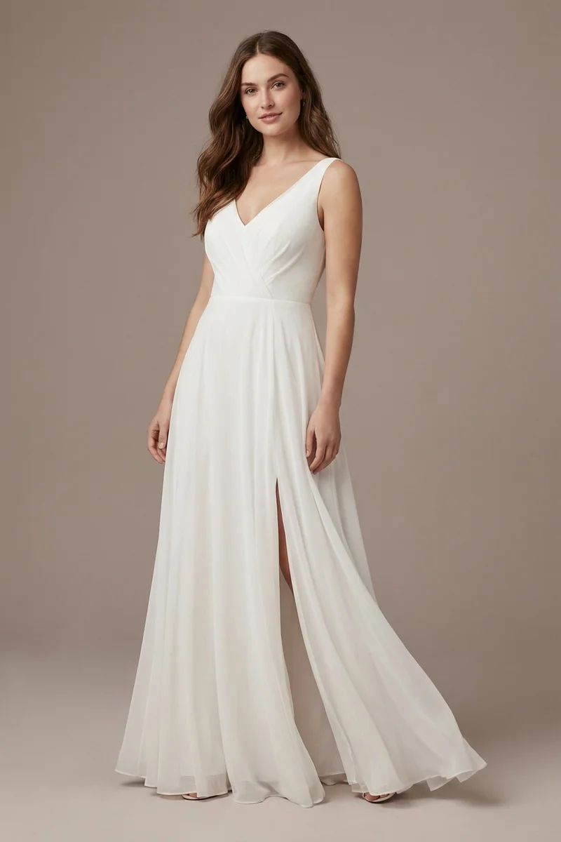 Flowy Chiffon Beach Wedding Dress with Side Slit - 1