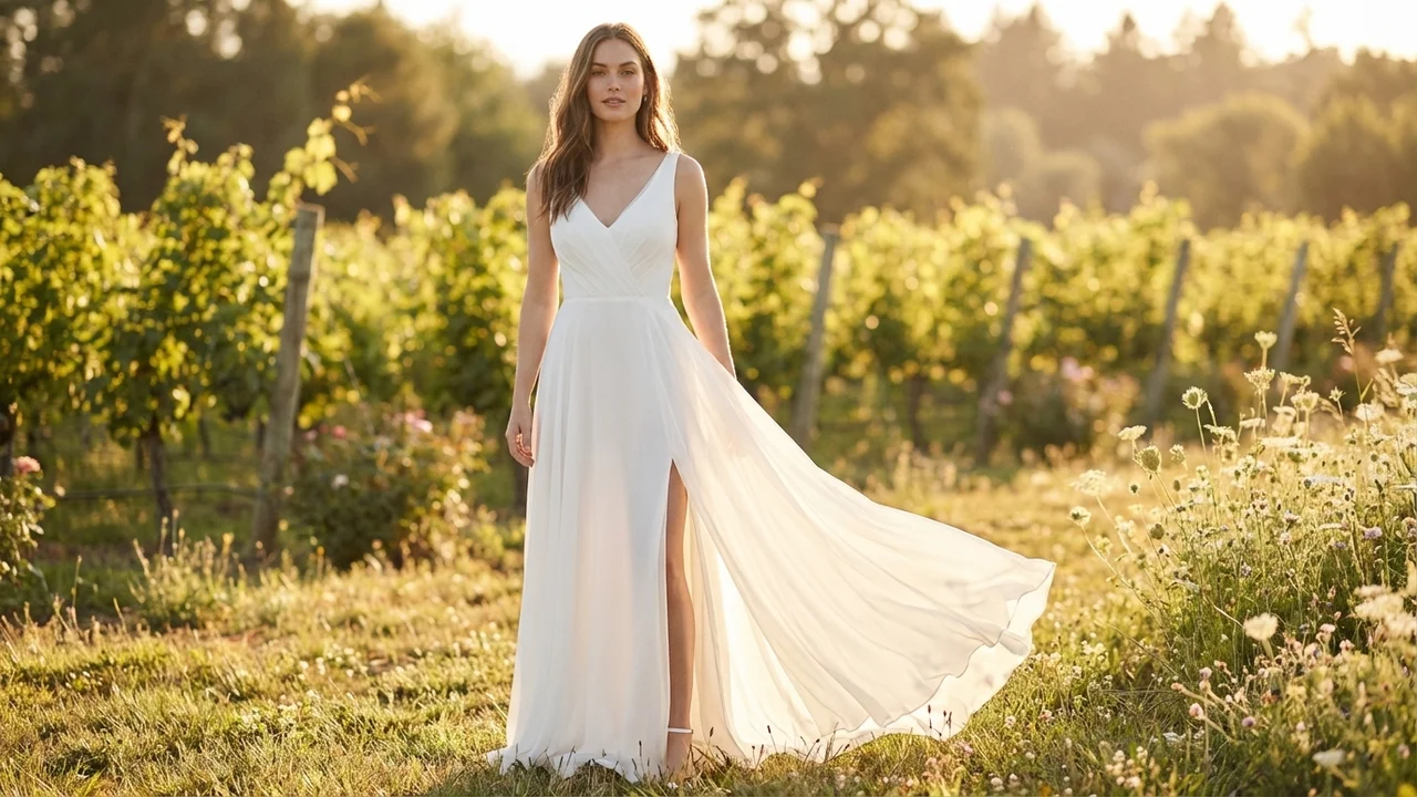 Flowy Chiffon Beach Wedding Dress with Side Slit - 6