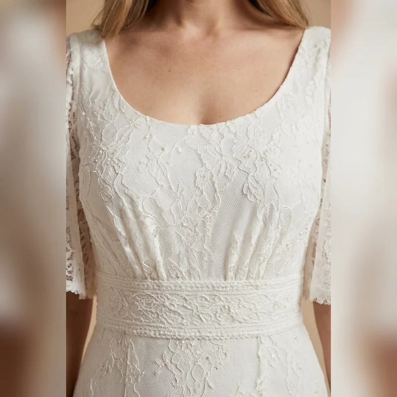 Bohemian Lace Beach Wedding Dress with Flutter Sleeves - 3