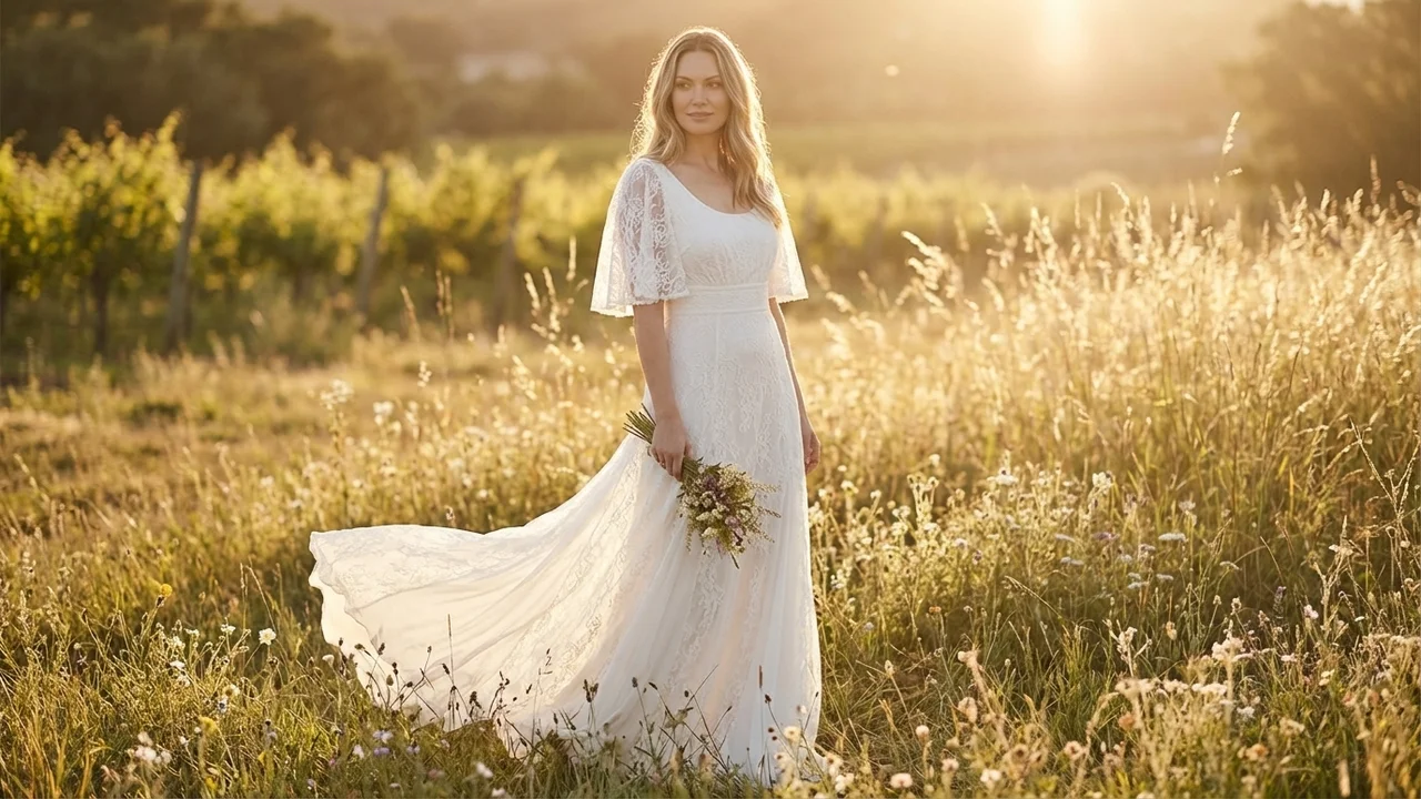 Bohemian Lace Beach Wedding Dress with Flutter Sleeves - 6