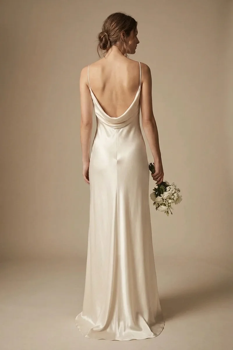 Simple Satin Slip Beach Wedding Dress with Cowl Back - 2