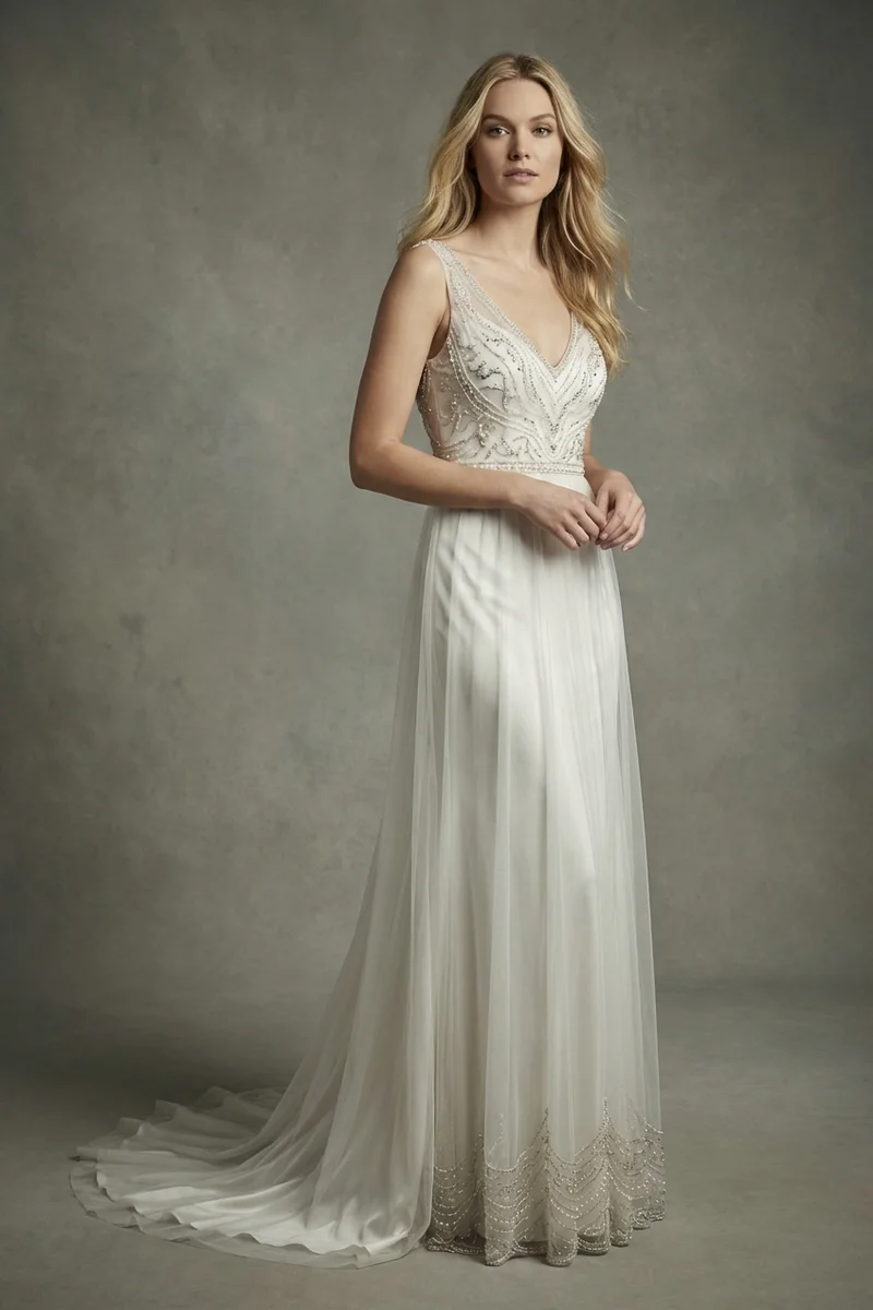 Beaded V-Neck Sheath Wedding Gown - 1