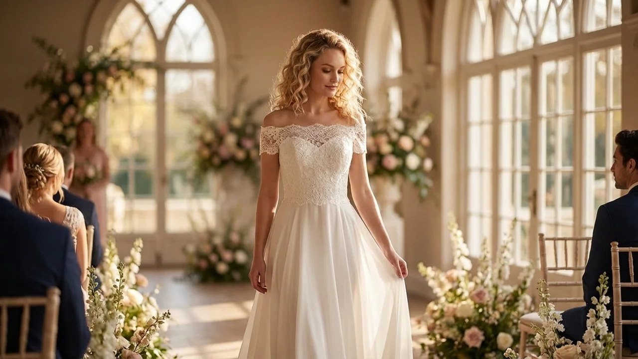 Off-Shoulder Beaded A-Line Wedding Dress - 5