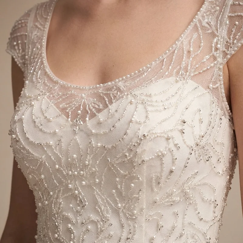 Beaded Cap Sleeve Trumpet Wedding Gown - 3