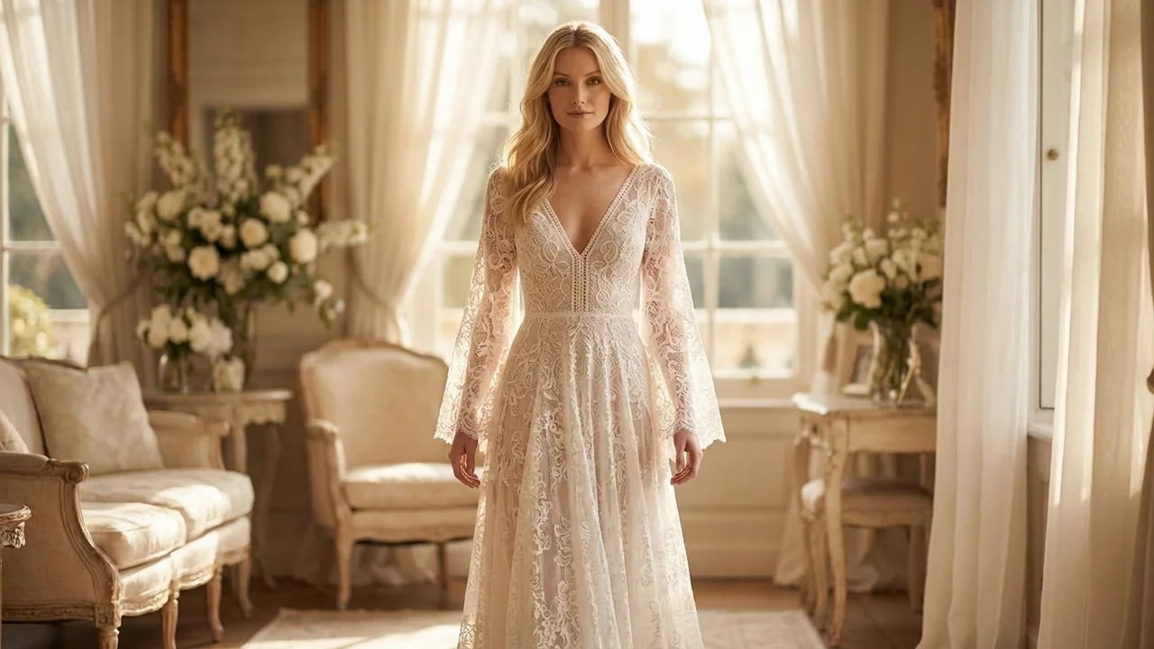 Bohemian Lace Bell Sleeve Wedding Dress - 5