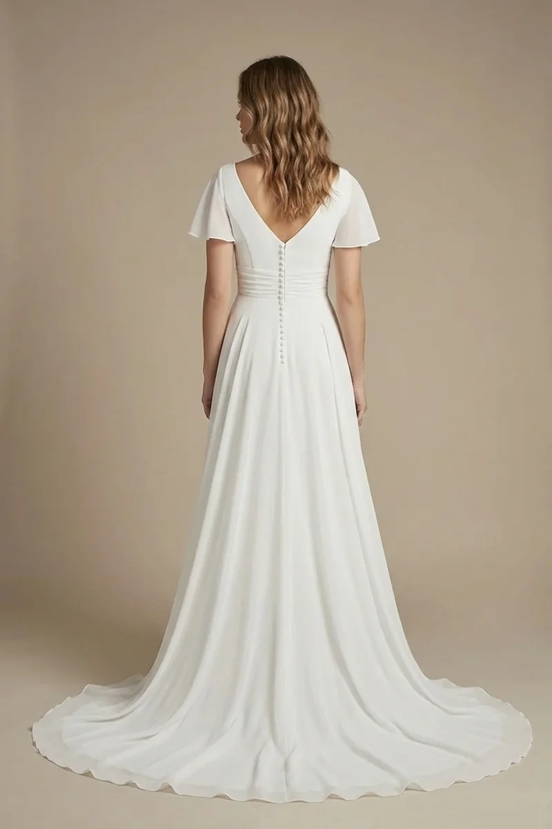 Flowy Chiffon Flutter Sleeve Boho Wedding Dress - 2