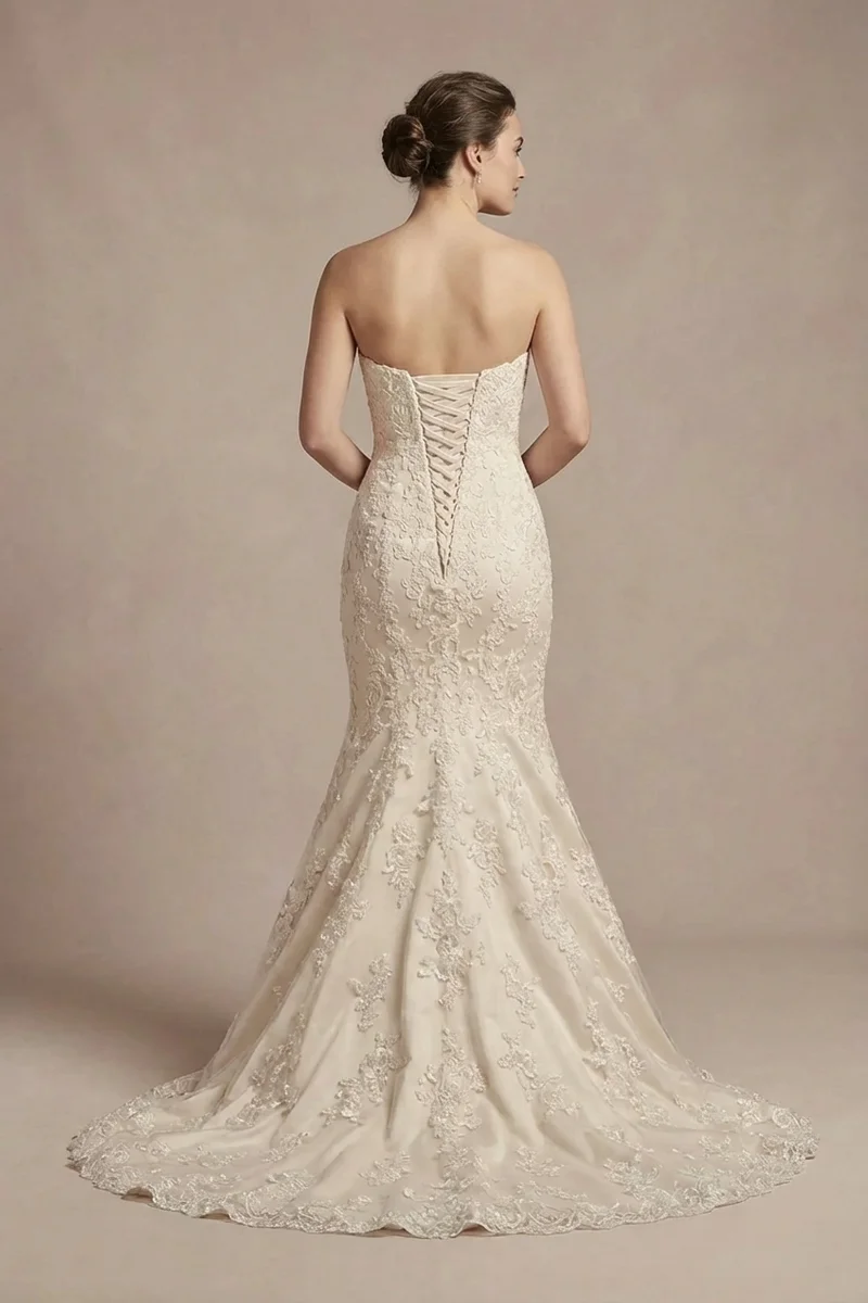 Champagne Lace Mermaid Wedding Gown - 2