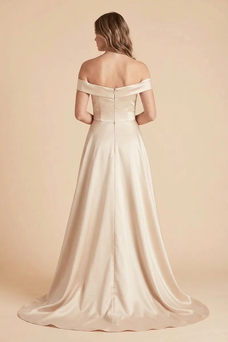 Champagne Satin A-Line Bridal Dress with Off-Shoulder Straps - 2