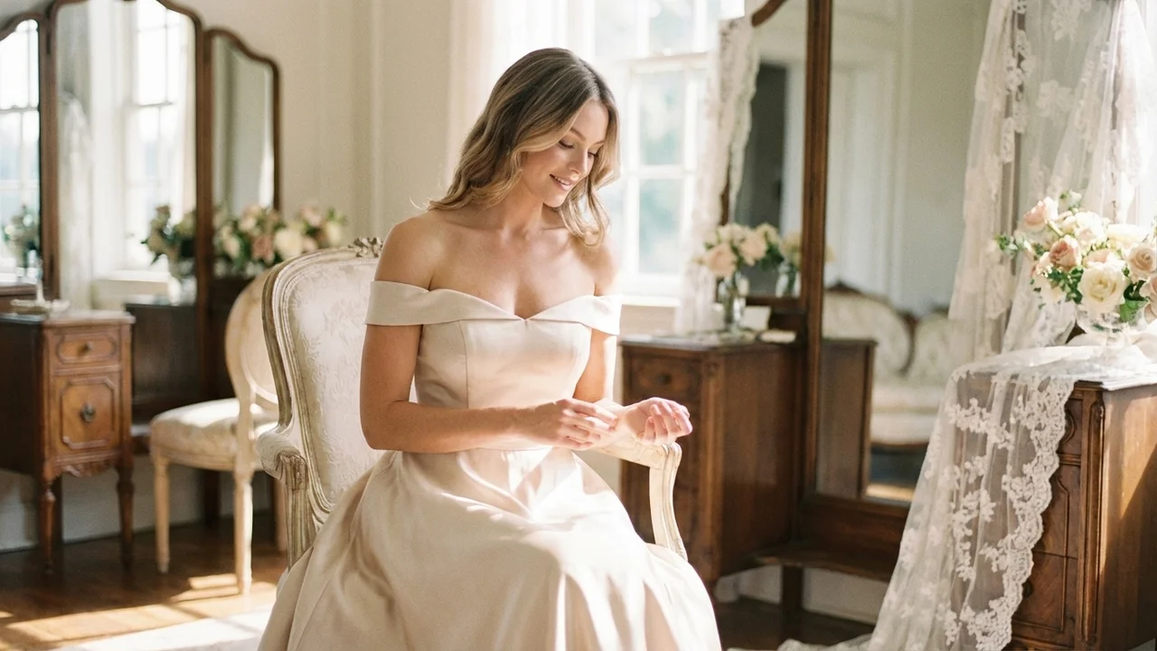 Champagne Satin A-Line Bridal Dress with Off-Shoulder Straps - 5