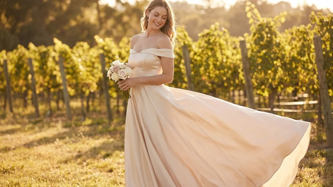 Champagne Satin A-Line Bridal Dress with Off-Shoulder Straps - 6