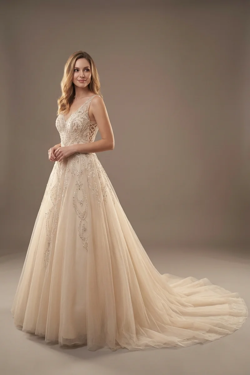 Champagne Tulle Ball Gown with Crystal Beading - 1