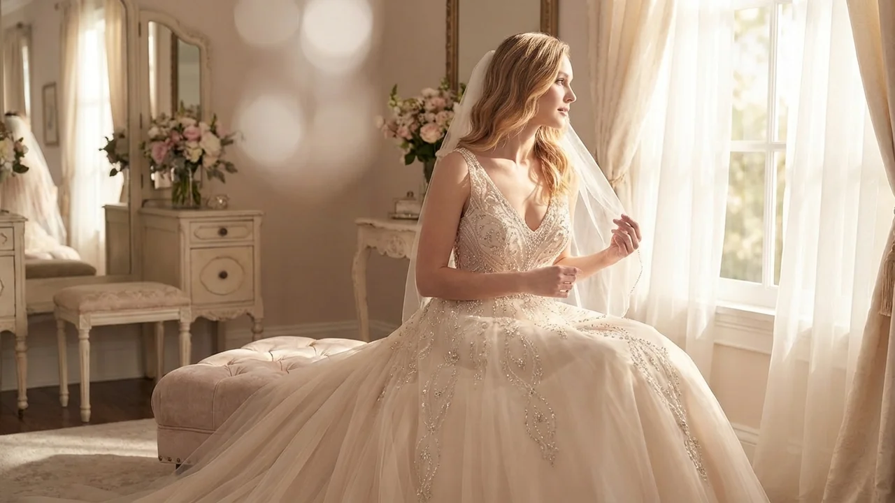 Champagne Tulle Ball Gown with Crystal Beading - 5