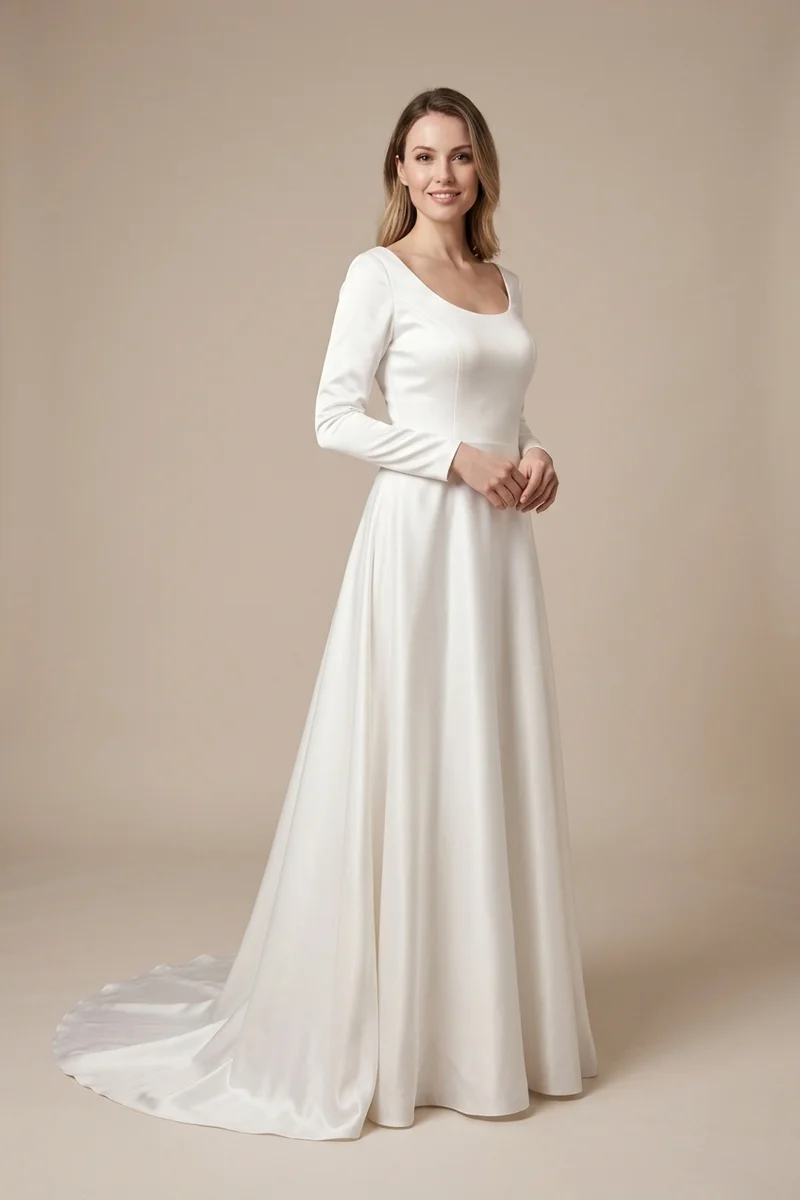 Satin A-Line Modest Church Wedding Dress - 1