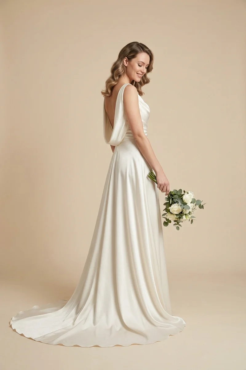 Draped Cowl Neck Satin Wedding Gown - 1