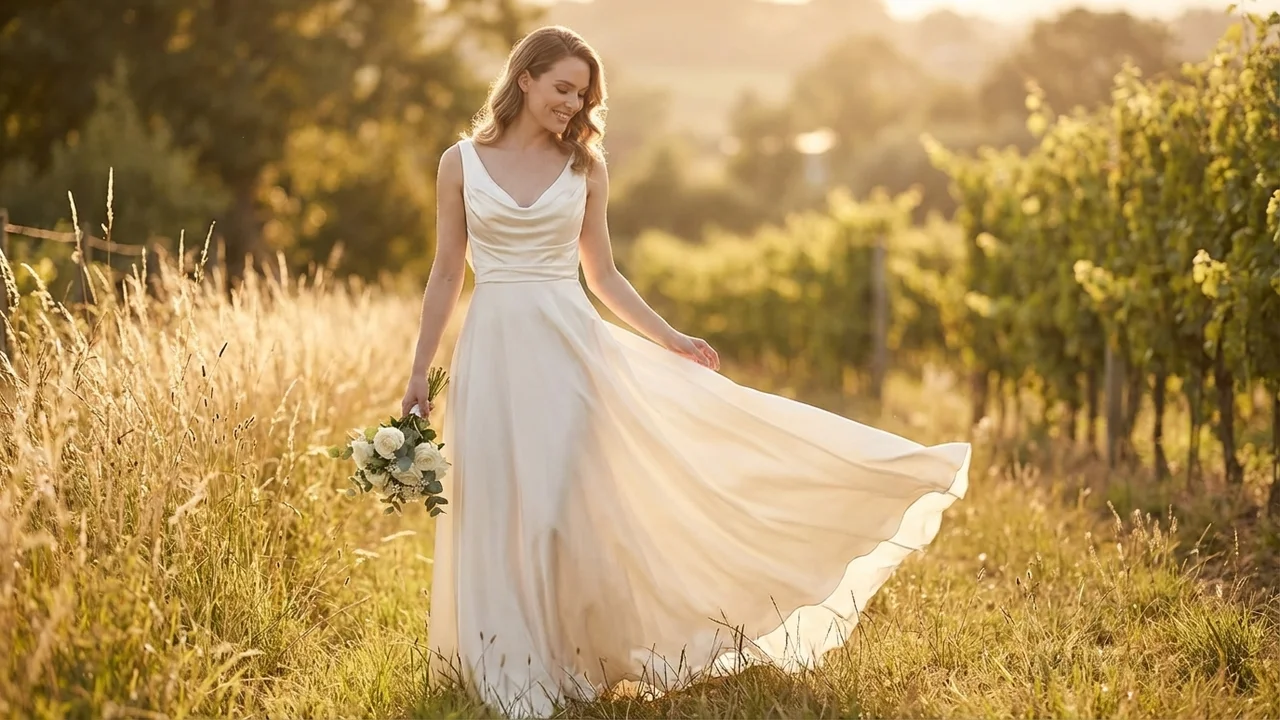 Draped Cowl Neck Satin Wedding Gown - 6