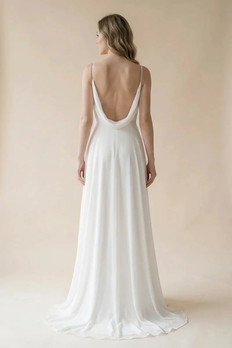 Cowl Neck Chiffon Beach Wedding Dress with Open Back - 2