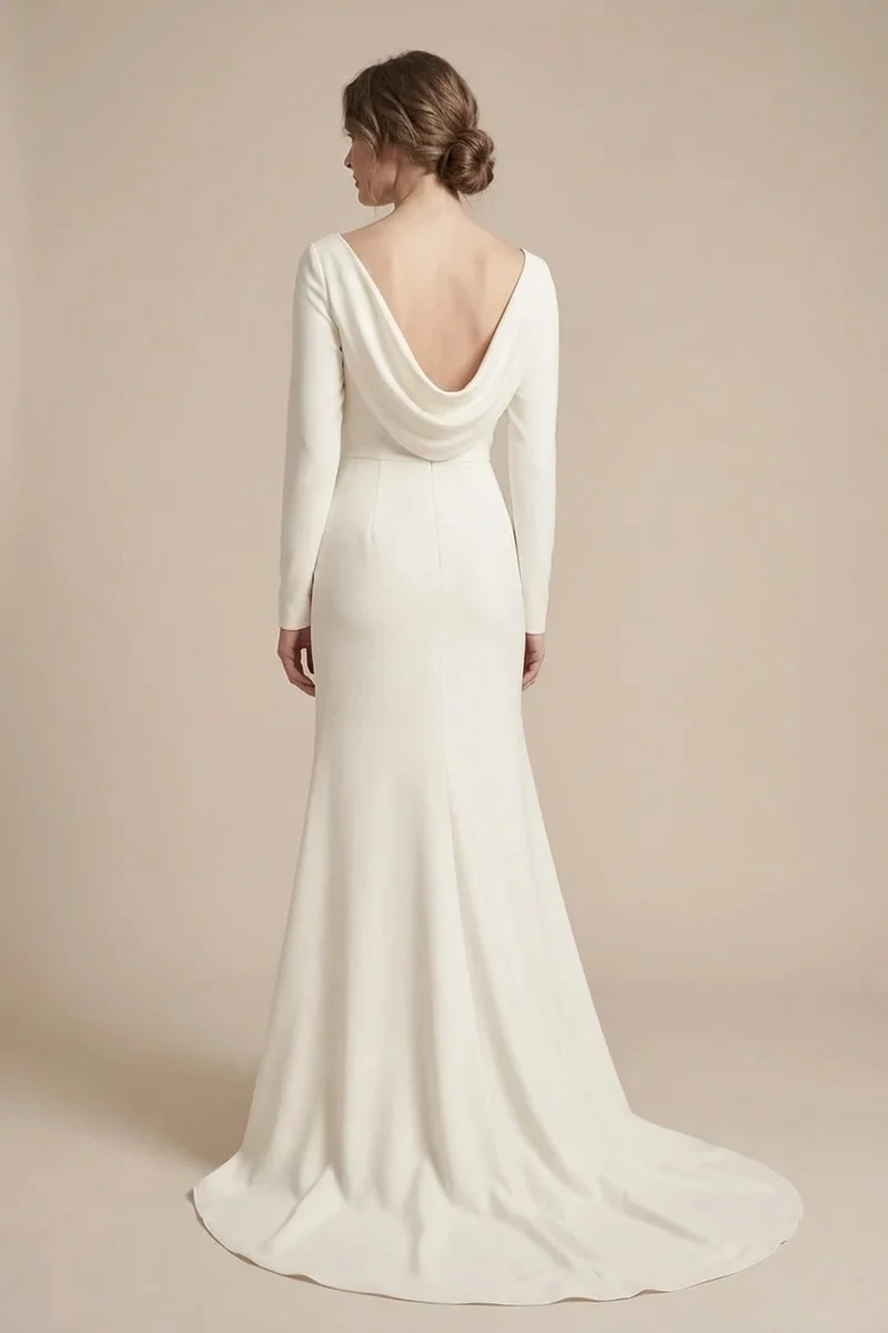 Cowl Neck Crepe Gown with Long Sleeves - 2