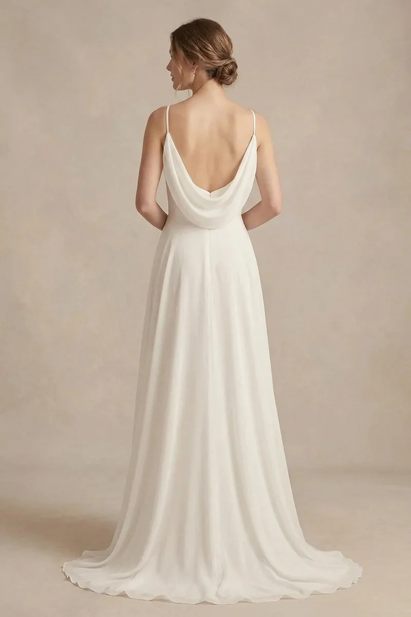 Cowl Back Chiffon Wedding Dress with Delicate Straps - 2