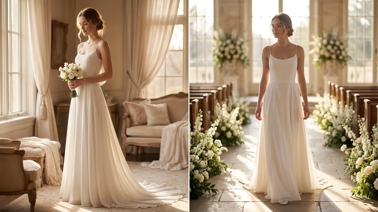 Cowl Back Chiffon Wedding Dress with Delicate Straps - 5